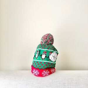 Festive Penguin Knit Beanie Vintage Derek Heart Light-Up Penguin Pom-Pom Hat